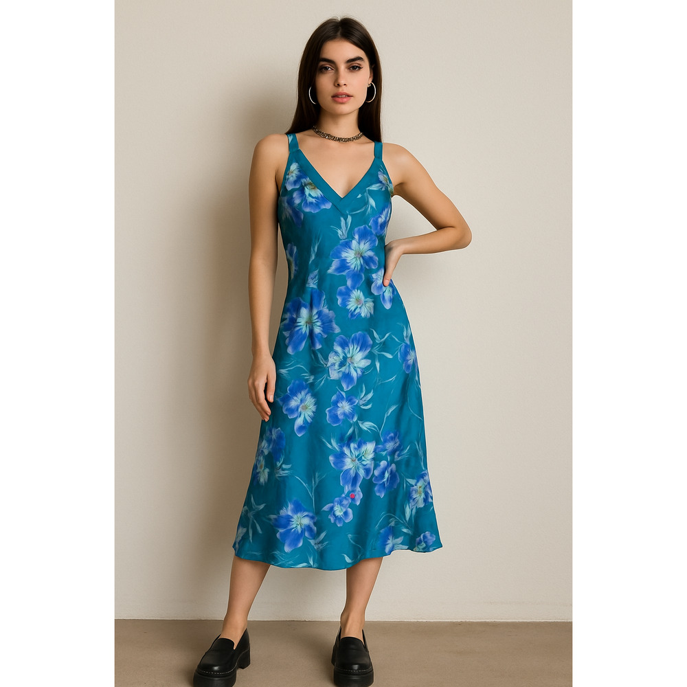 Vintage Y2K Satin Blue Floral Midi Slip Dress V-neck Size L Inner Most